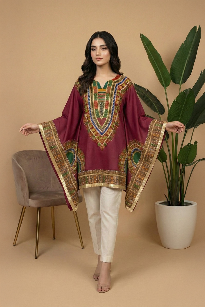 Elegant Maroon Printed Cotton Kurti with Gotta Handwork - Ready To Wear