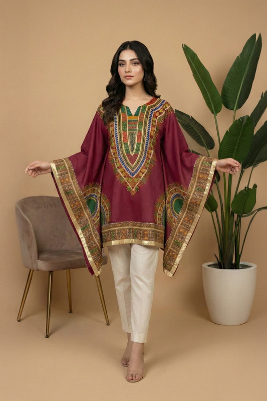 Elegant Maroon Printed Cotton Kurti with Gotta Handwork - Ready To Wear