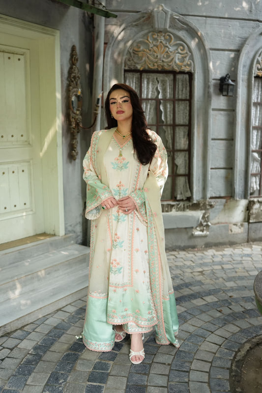 Embroidered Tie & Dye Charmeuse Silk Suit with Organza Dupatta | Ready To Wear