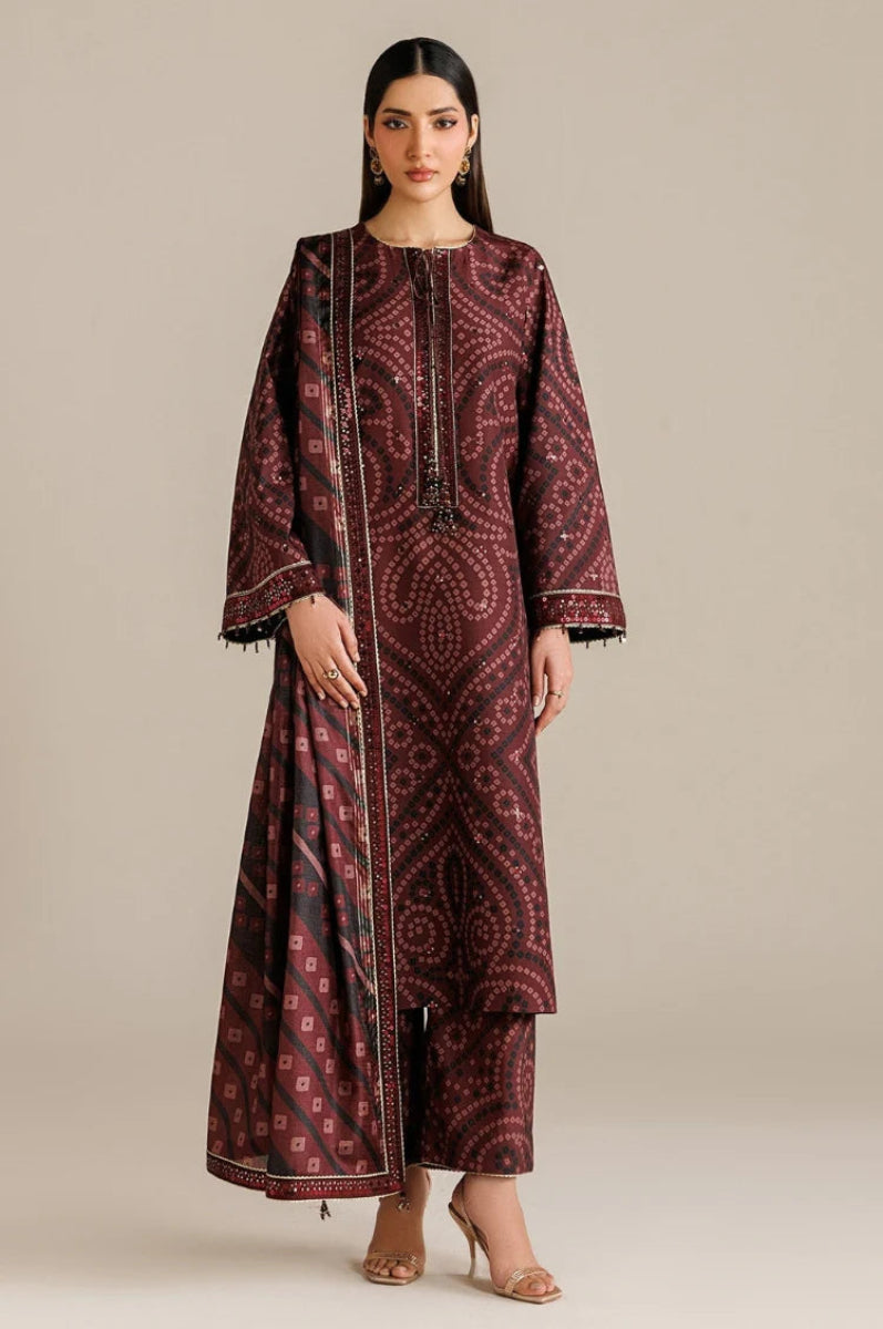 Burgundy Chunri - 3Pc Lawn Suit With Chiffon Dupatta | Ready To Wear