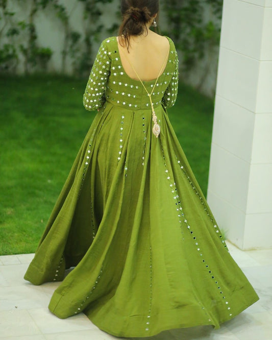 HEAVY MIRROR EMBELLISHED LONG FLARED ANARKALI SET WITH DUPATTA