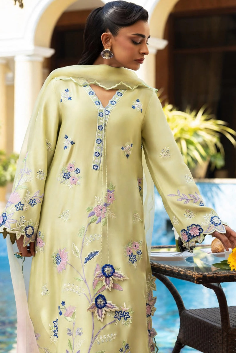 Lime Green Pure Silk Embroidered Kaftan 3-Piece Suit | Ready To Wear