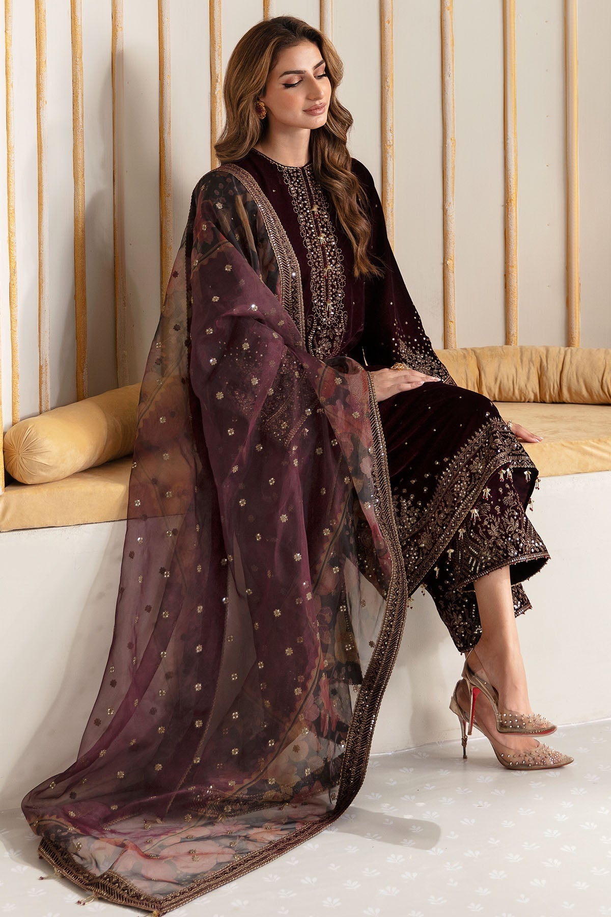 03 Piece Heavy Embroidered Velvet Suit - Ready To Wear
