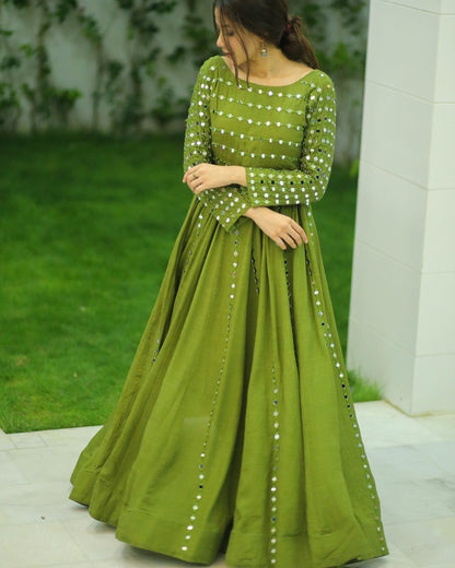 HEAVY MIRROR EMBELLISHED LONG FLARED ANARKALI SET WITH DUPATTA
