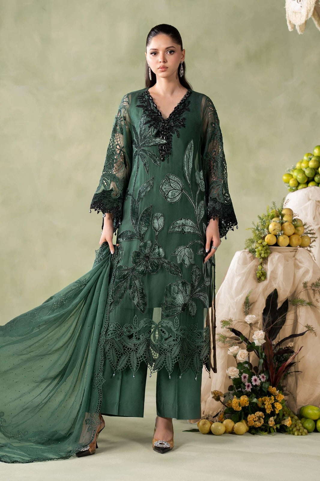3 Piece Embroidered Hand-Embellished Bamber Chiffon Suit | Bottle Green | Ready to Wear