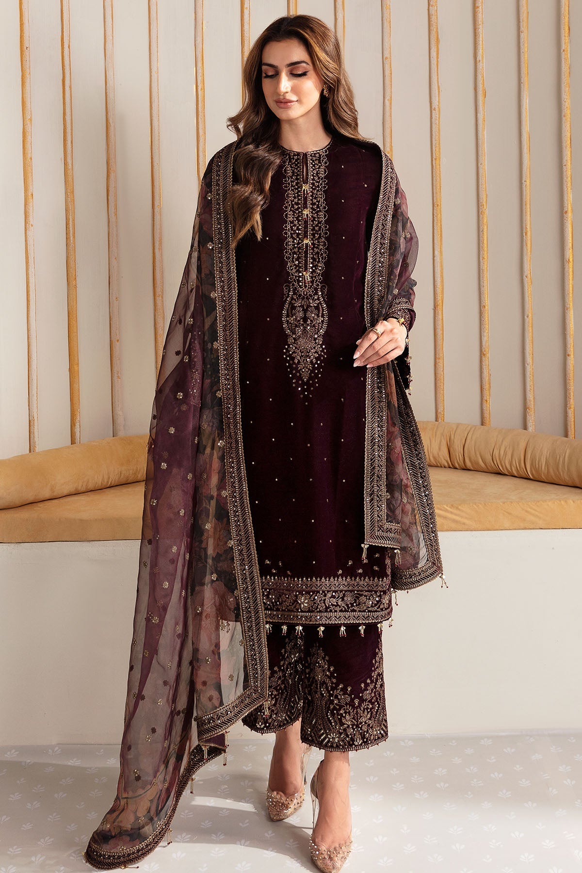 03 Piece Heavy Embroidered Velvet Suit - Ready To Wear