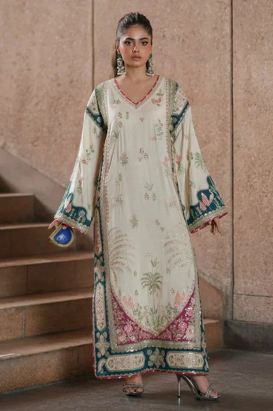 02-Piece Botanical Embroidered Silk Kaftan | Ready To Wear