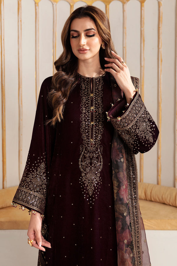 03 Piece Heavy Embroidered Velvet Suit - Ready To Wear