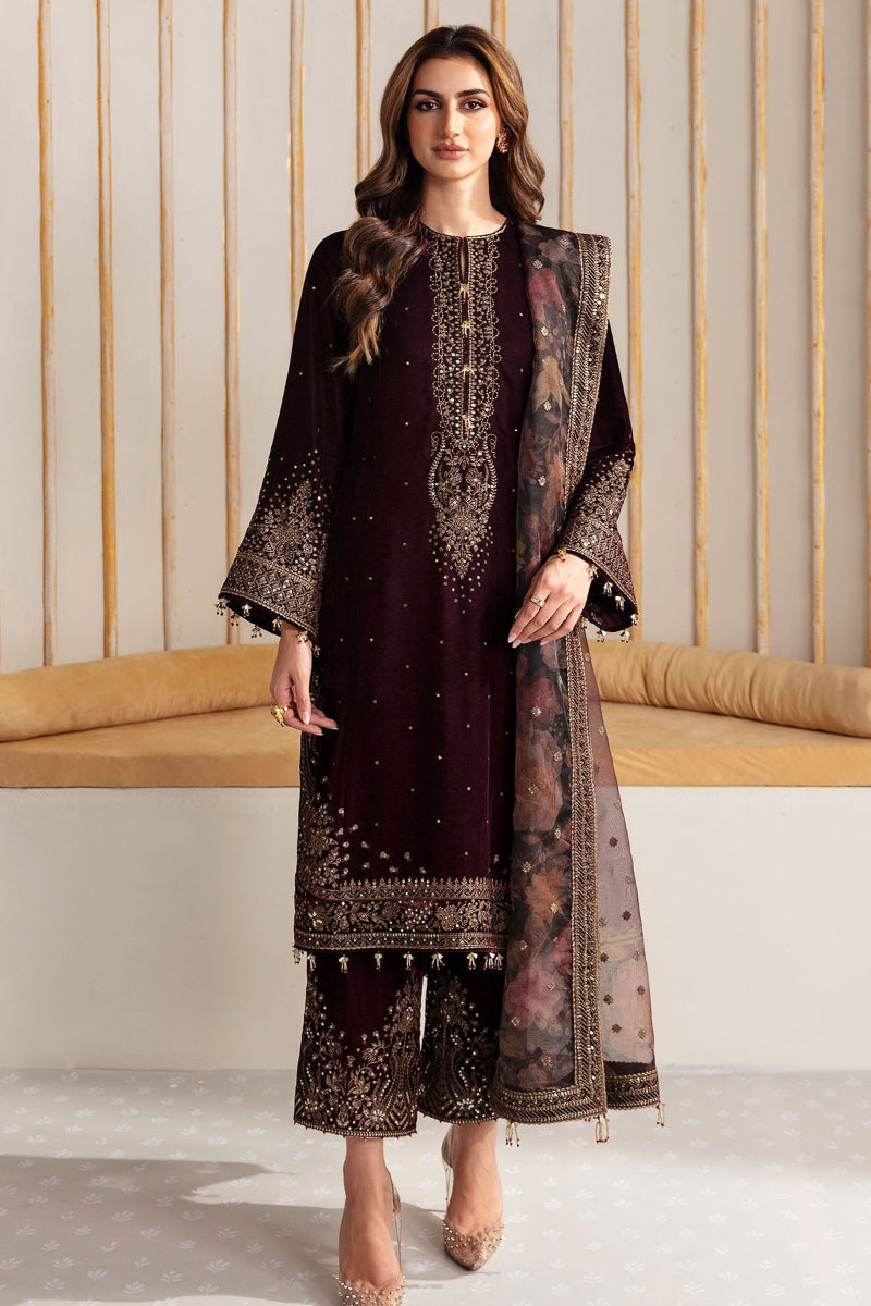 03 Piece Heavy Embroidered Velvet Suit - Ready To Wear