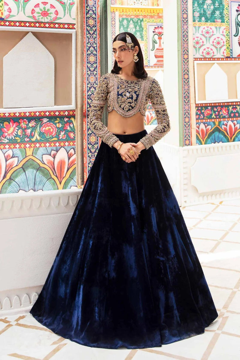 Royal Blue Embellished Organza Choli with Velvet Lehenga
