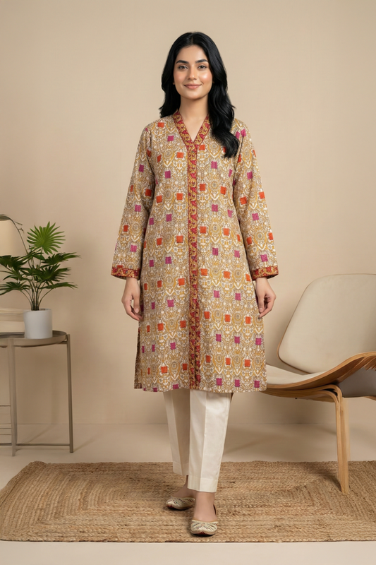 Beige Traditional Printed Lawn Shirt - Ready To Wear