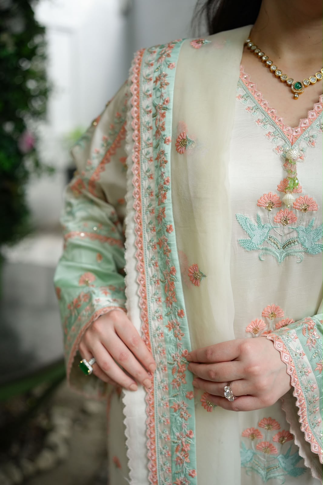 Embroidered Tie & Dye Charmeuse Silk Suit with Organza Dupatta | Ready To Wear