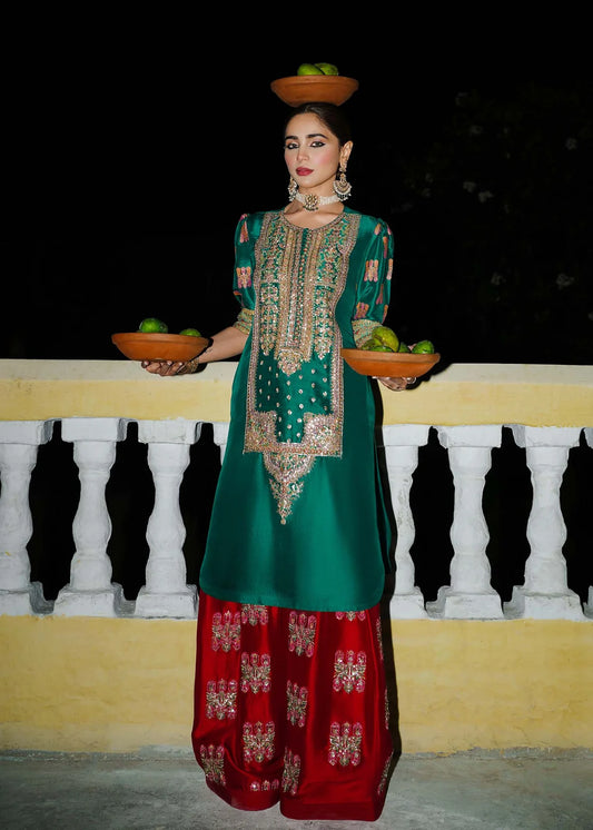 03-Piece Raw Silk Suit With Embroidery - Ready To Wear