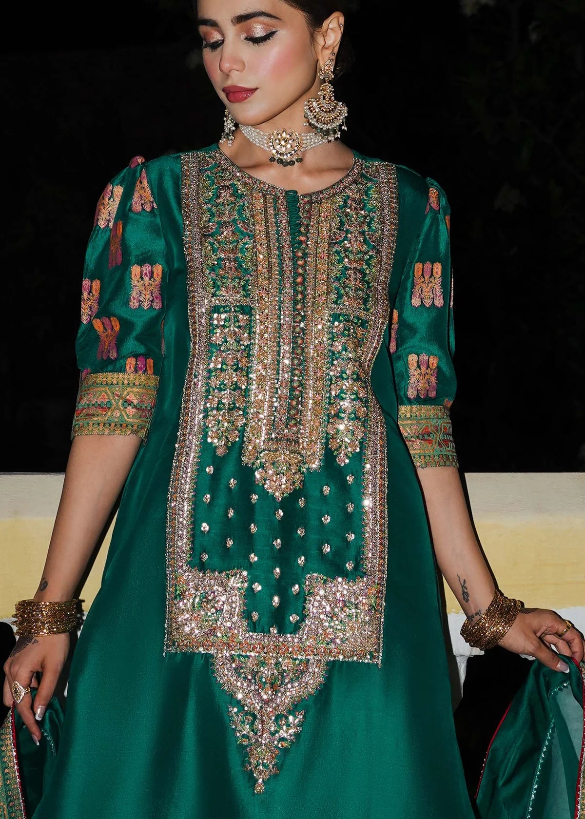 03-Piece Raw Silk Suit With Embroidery - Ready To Wear