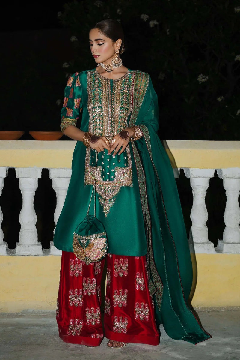 03-Piece Raw Silk Suit With Embroidery - Ready To Wear
