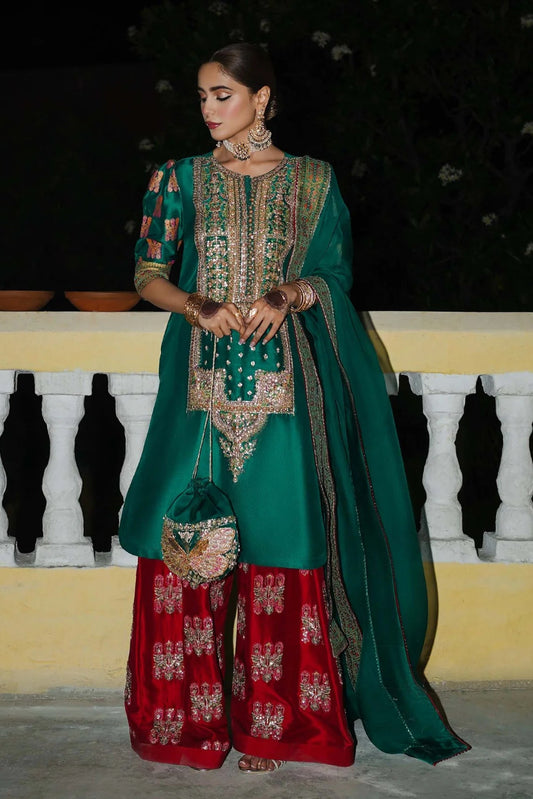 03-Piece Raw Silk Suit With Embroidery - Ready To Wear