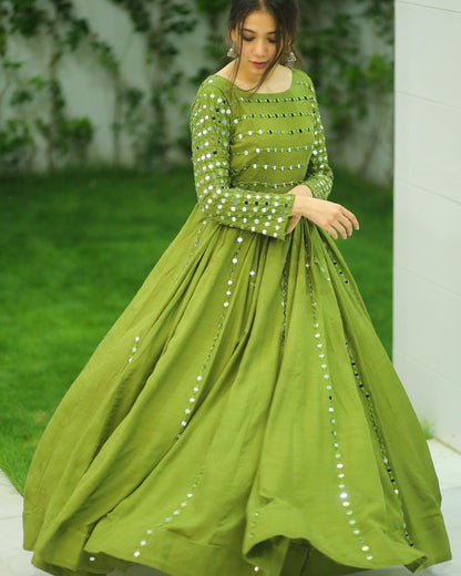 HEAVY MIRROR EMBELLISHED LONG FLARED ANARKALI SET WITH DUPATTA