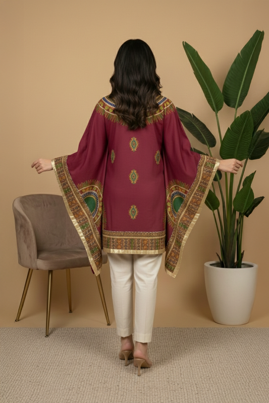 Elegant Maroon Printed Cotton Kurti with Gotta Handwork - Ready To Wear