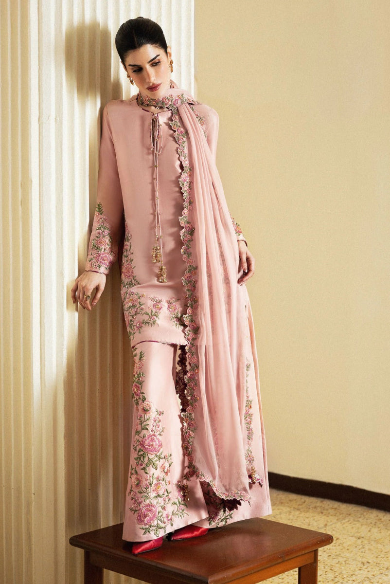 Dusty Pink Raw Silk Thread Embroidered 3-Piece Suit | Ready To Wear
