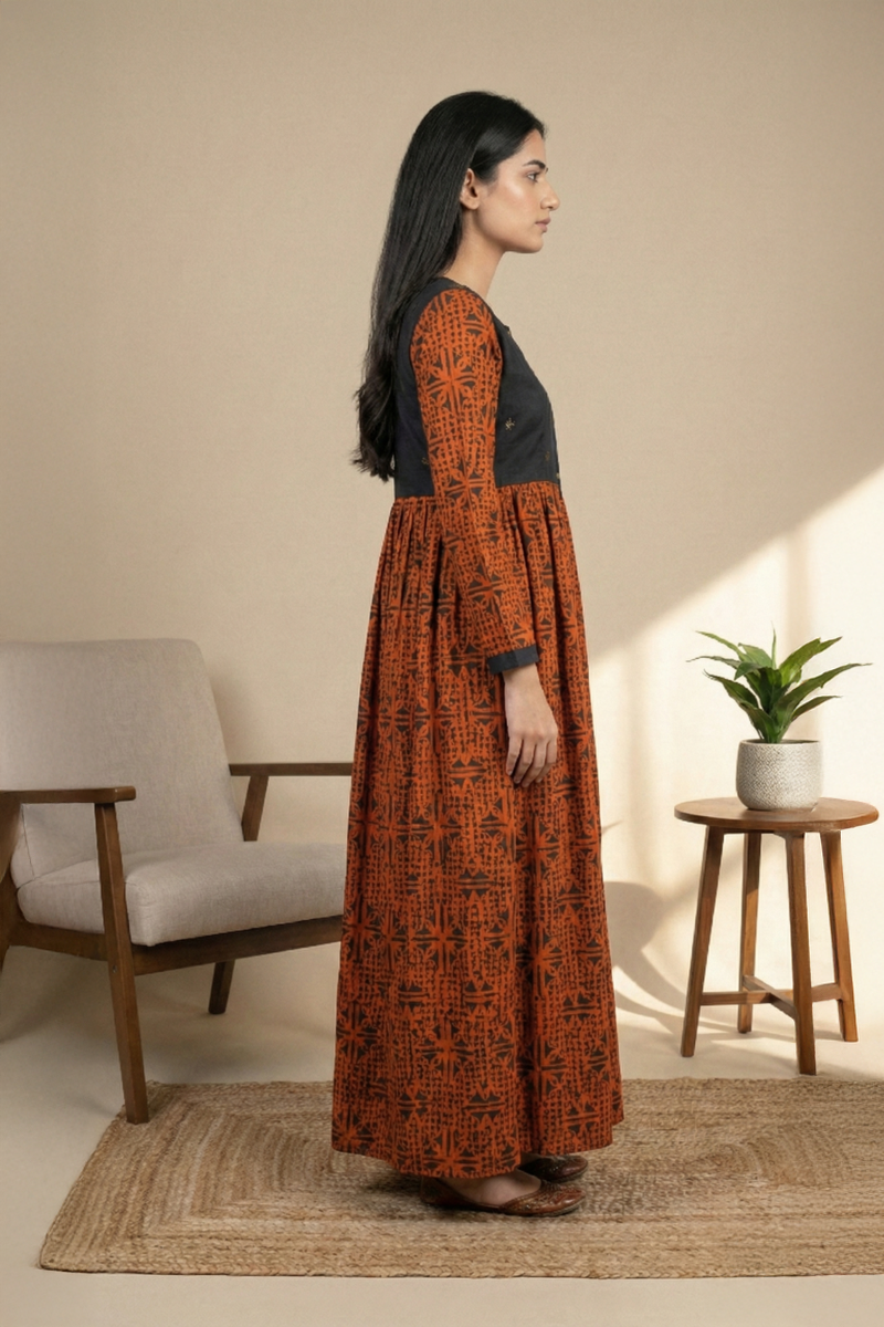 Rust & Black Printed Cotton Long Dress - Ready To Wear