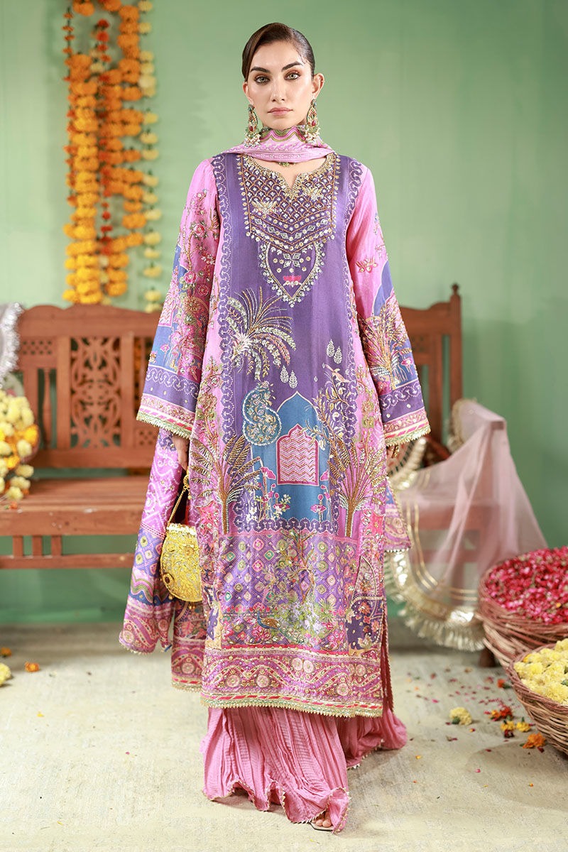 Luxury Purple & Pink Silk suit with Hand Embellished Adda Work | Ready To Wear