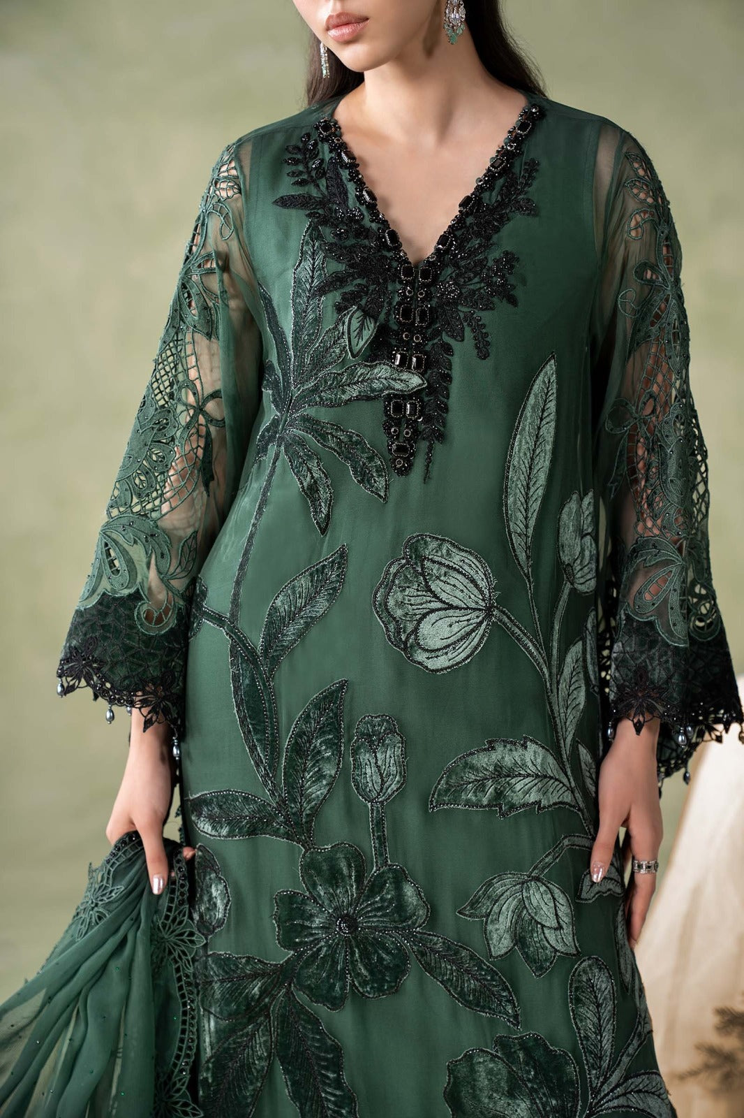 3 Piece Embroidered Hand-Embellished Bamber Chiffon Suit | Bottle Green | Ready to Wear