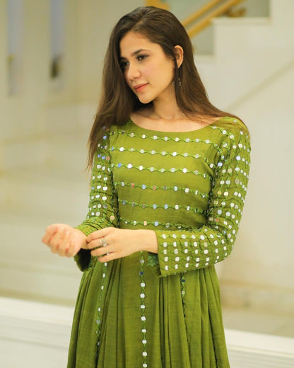 HEAVY MIRROR EMBELLISHED LONG FLARED ANARKALI SET WITH DUPATTA