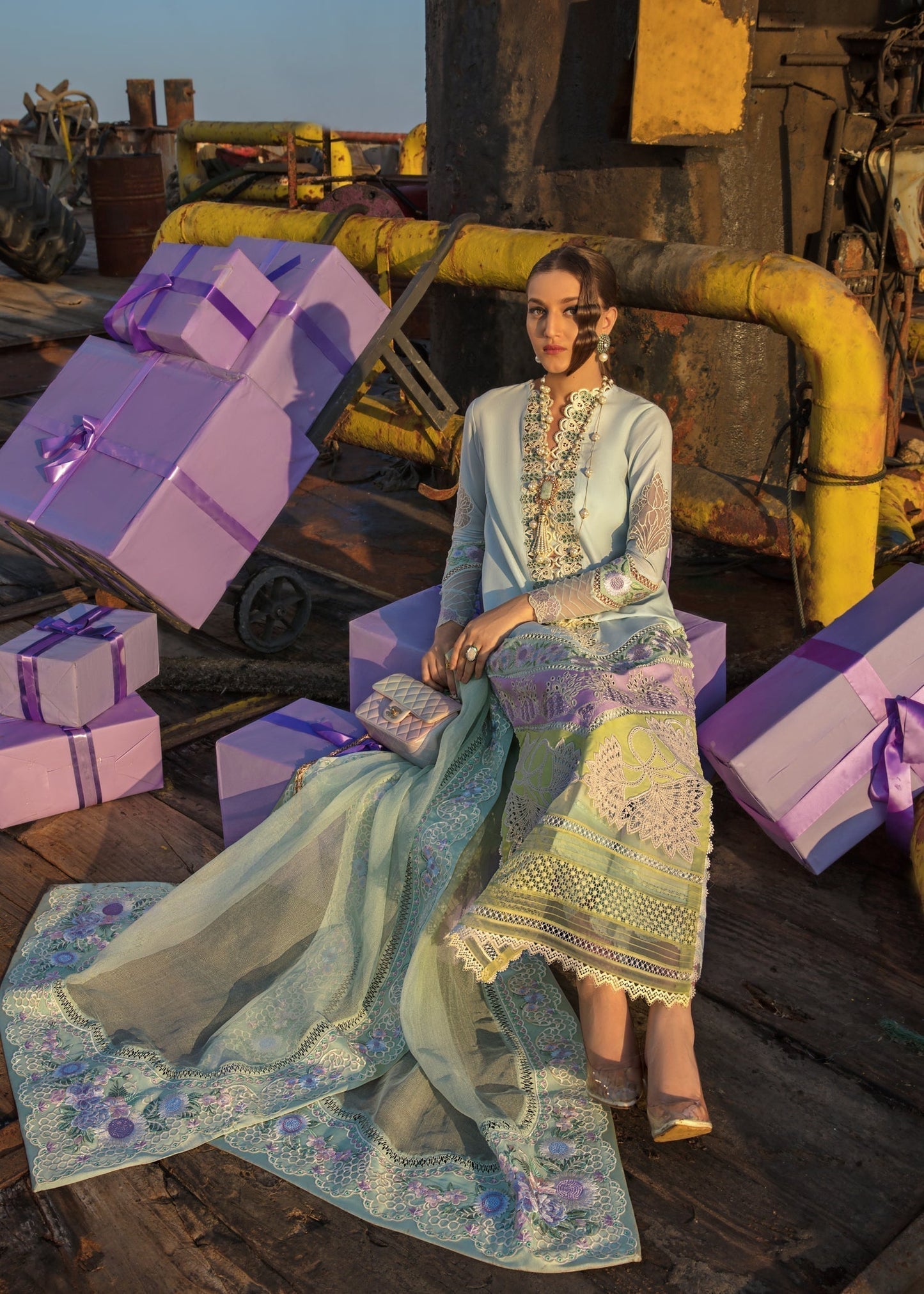 03 Piece Shade V Panel Fully Heavy Embroidered suit