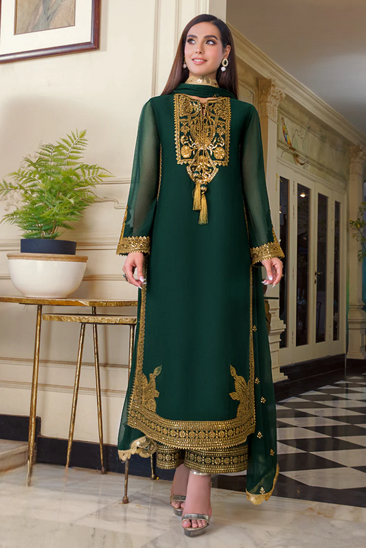 Bottle Green Embroidered Chiffon 03-Piece Suit | Ready To Wear