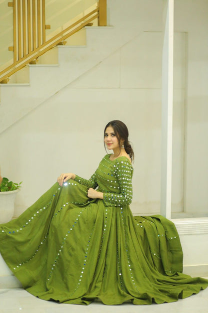 HEAVY MIRROR EMBELLISHED LONG FLARED ANARKALI SET WITH DUPATTA