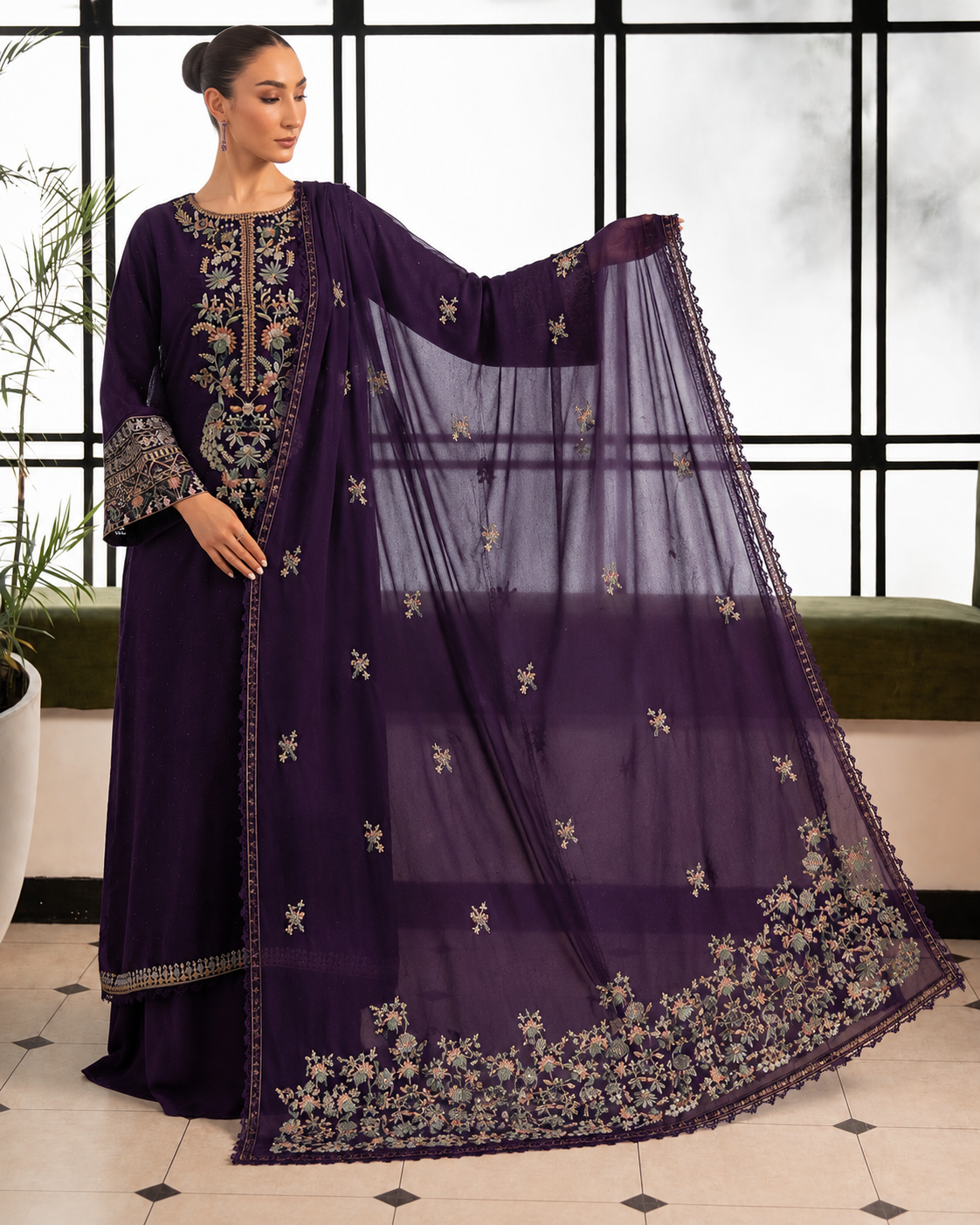 3-Piece Luxury Embroidered Chiffon Suit with Shamooz Silk Trouser | Ready to Wear