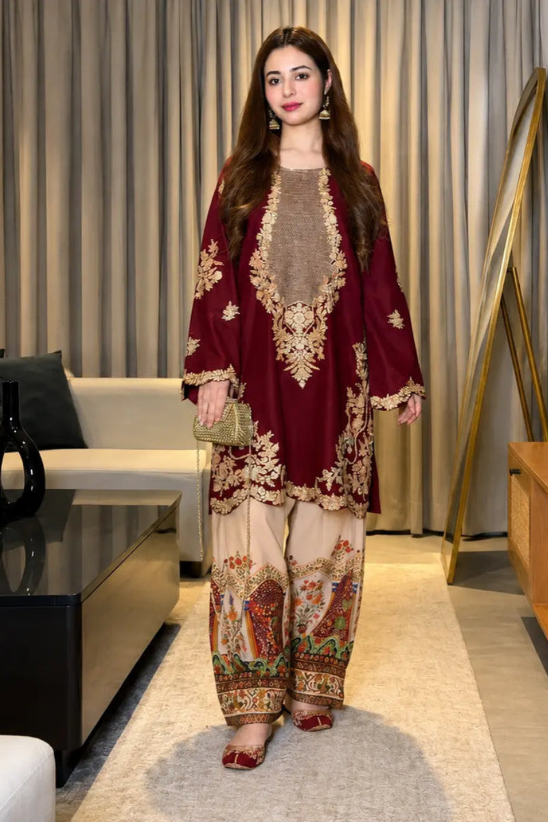 02 Piece Premium Embroidered Silk Suit - Ready To Wear