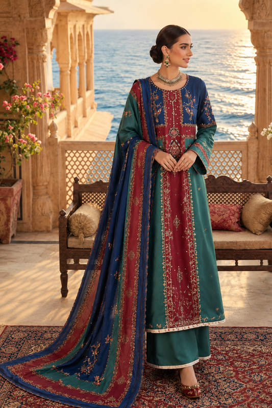 Digital Printed Silk Suit with Mirror & Stone Work | Ready to Wear