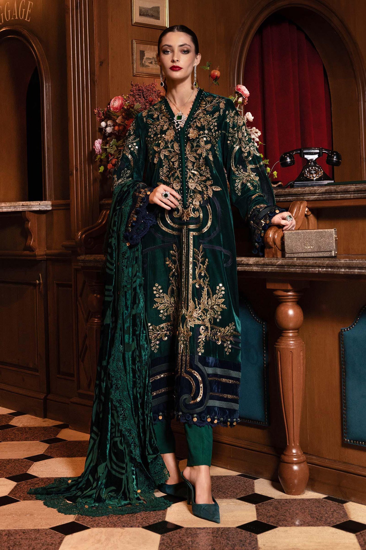 MariaB Velvet Embroidered Winter Dress With Palachi Shawl