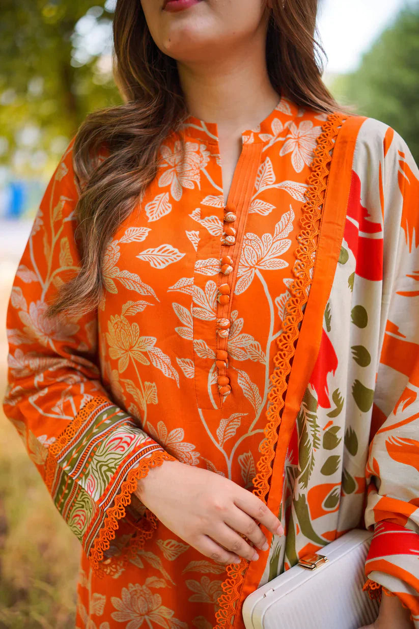 03-Piece Lawn Suit With Chiffon Dupatta | Ready To Wear