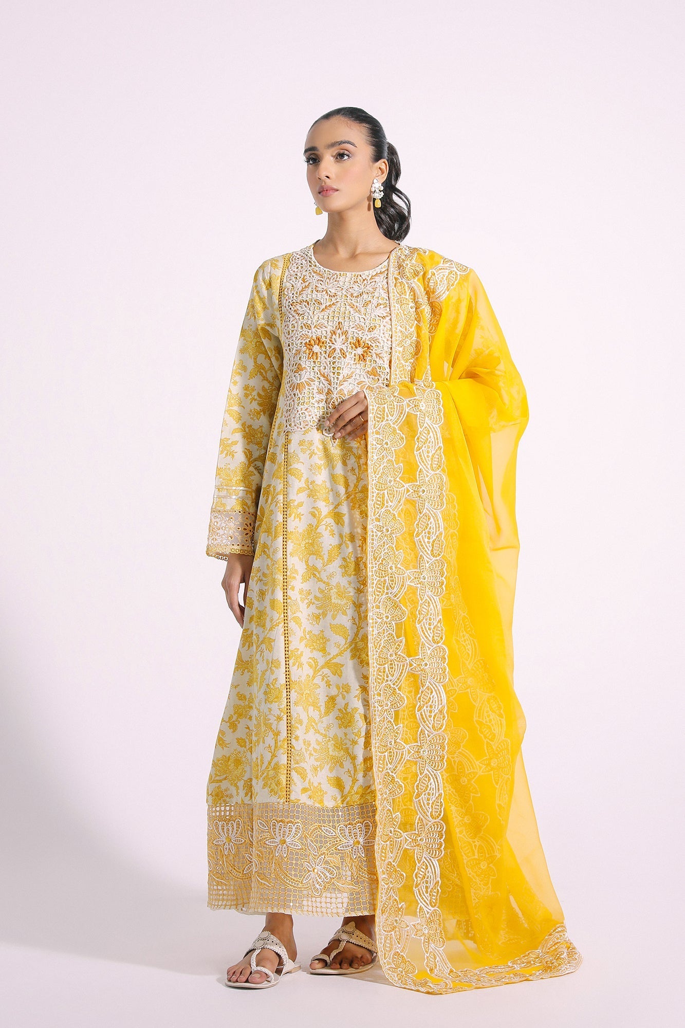 03-Piece Embroidered Butter Yellow Frock