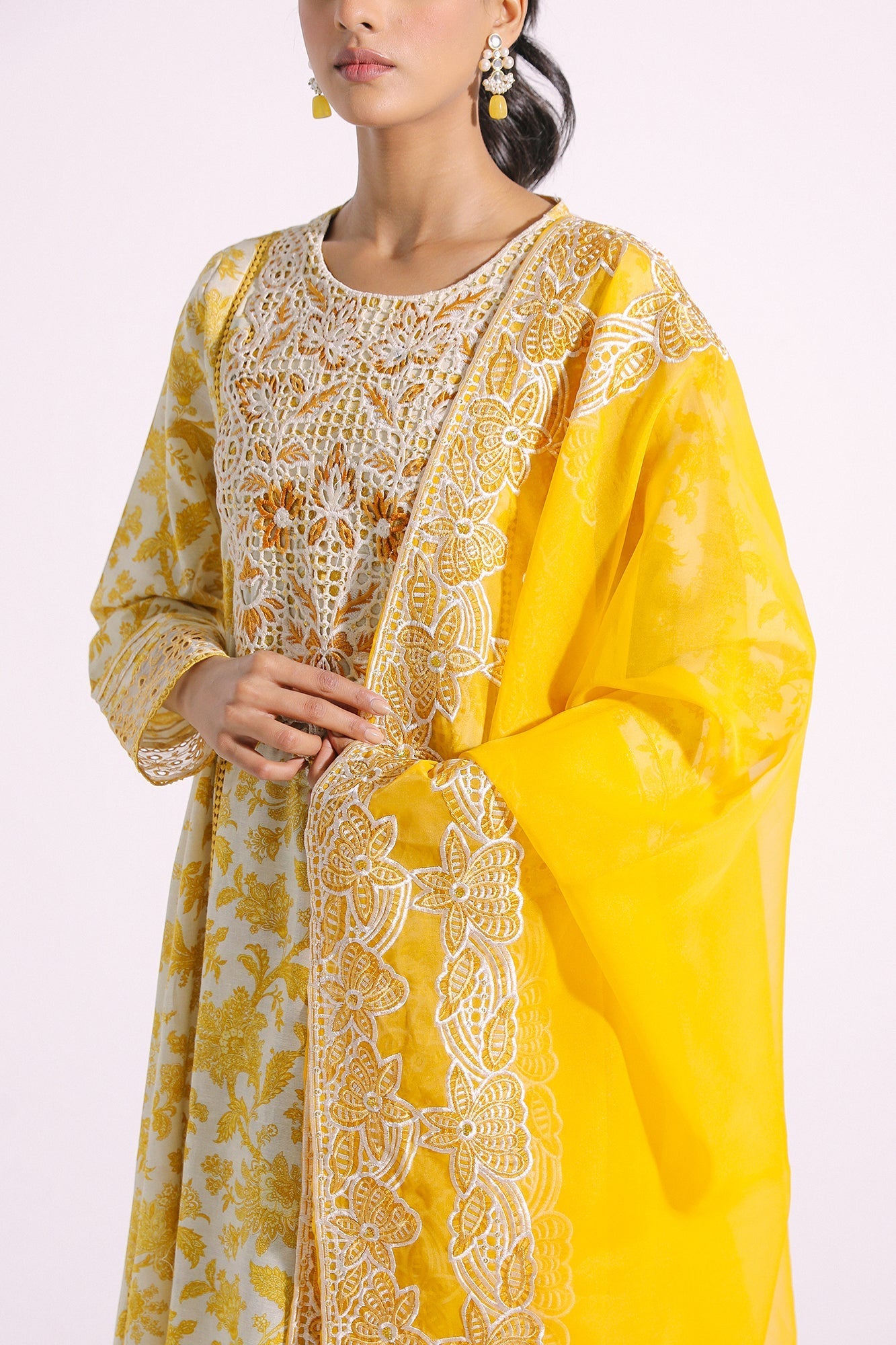 03-Piece Embroidered Butter Yellow Frock