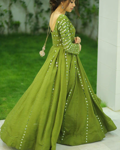 HEAVY MIRROR EMBELLISHED LONG FLARED ANARKALI SET WITH DUPATTA