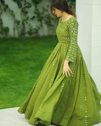 HEAVY MIRROR EMBELLISHED LONG FLARED ANARKALI SET WITH DUPATTA