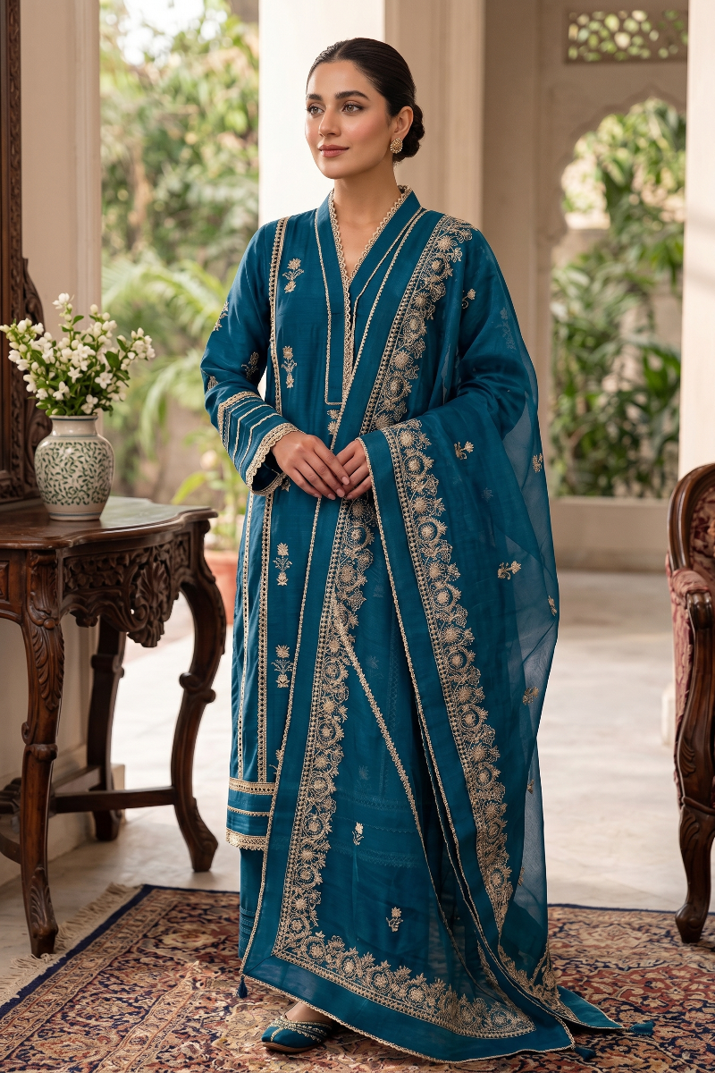 03-Piece Khaddi Net Suit With Embroidery - Ready To Wear