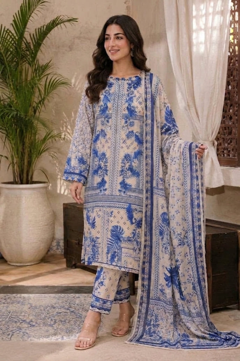 03 Piece Printed Shamooz Silk Suit - Ready To Wear