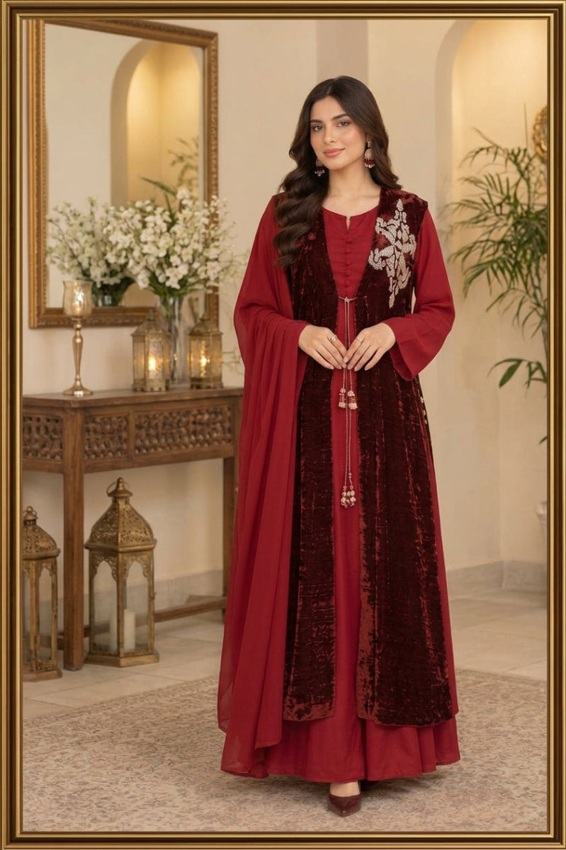 Velvet Maroon Hand Work 3-Piece suit Ready-to-Wear
