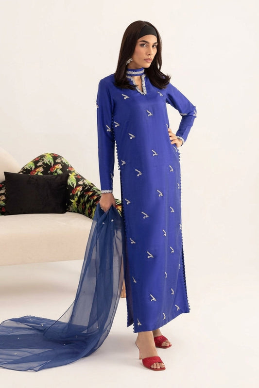 3 Piece Stitched Raw Silk Dress - Ready to Wear