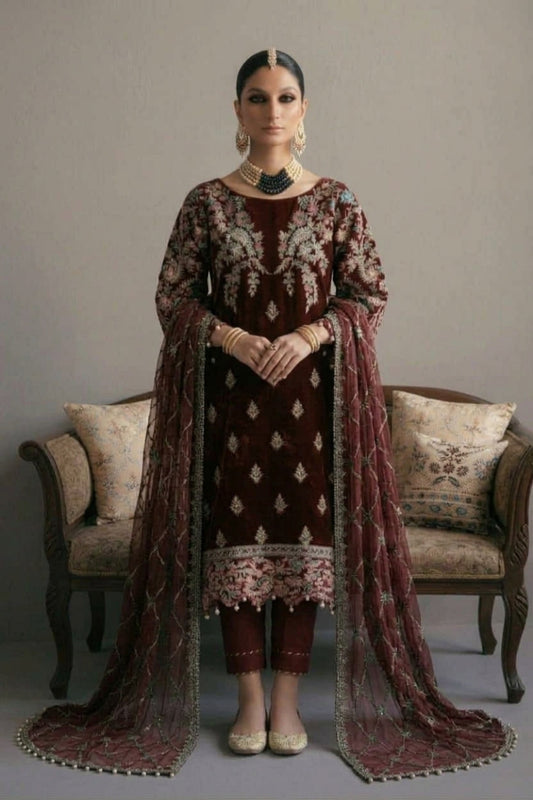 Maroon / Navy Blue Luxury Velvet Embroidered 3-Piece Suit | Ready to Wear