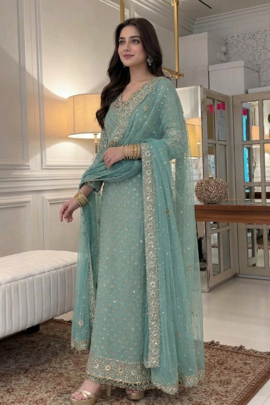 Sea Green Luxury Chiffon Embroidered 3-Piece Suit | Ready to Wear