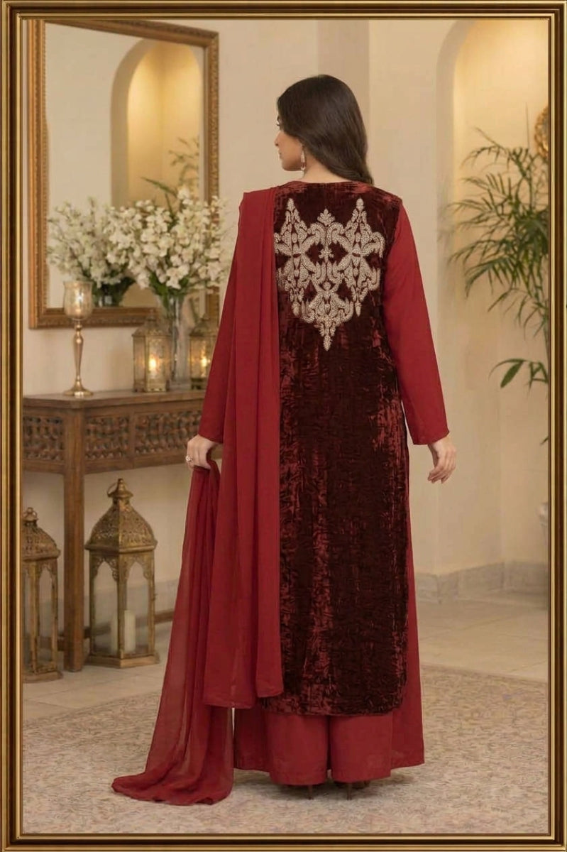 Velvet Maroon Hand Work 3-Piece suit Ready-to-Wear
