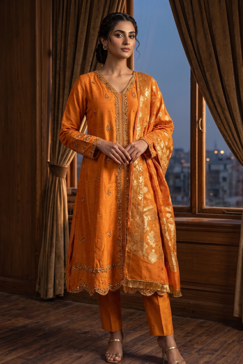 03-Piece Raw Silk Suit With Embroidery - Ready To Wear