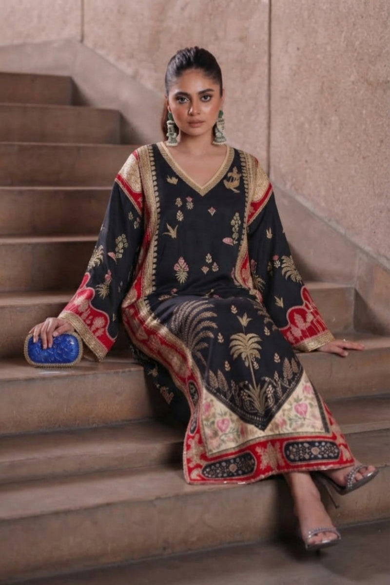 Elegant Black  Silk 2 piece suite  Work Kaftan Ensemble | Ready To Wear