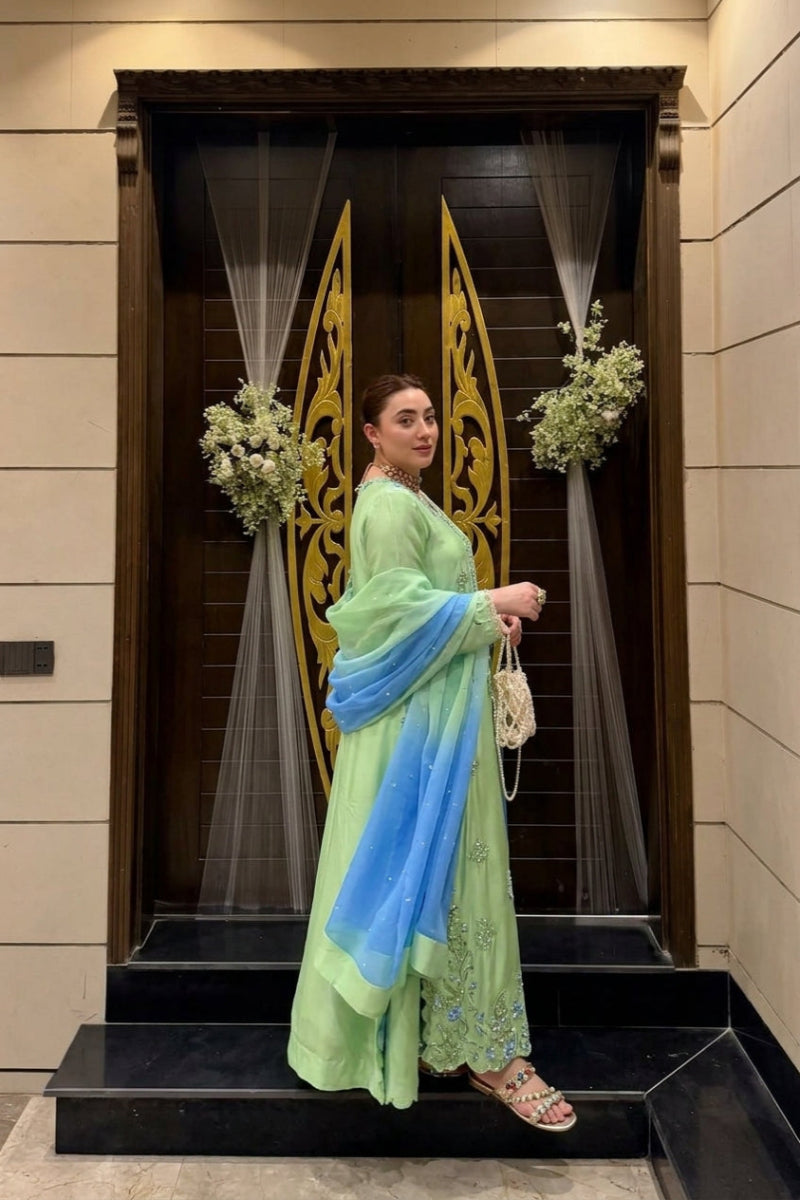Silk Mint Green Embroidered 3-Piece Suit | Ready-to-Wear