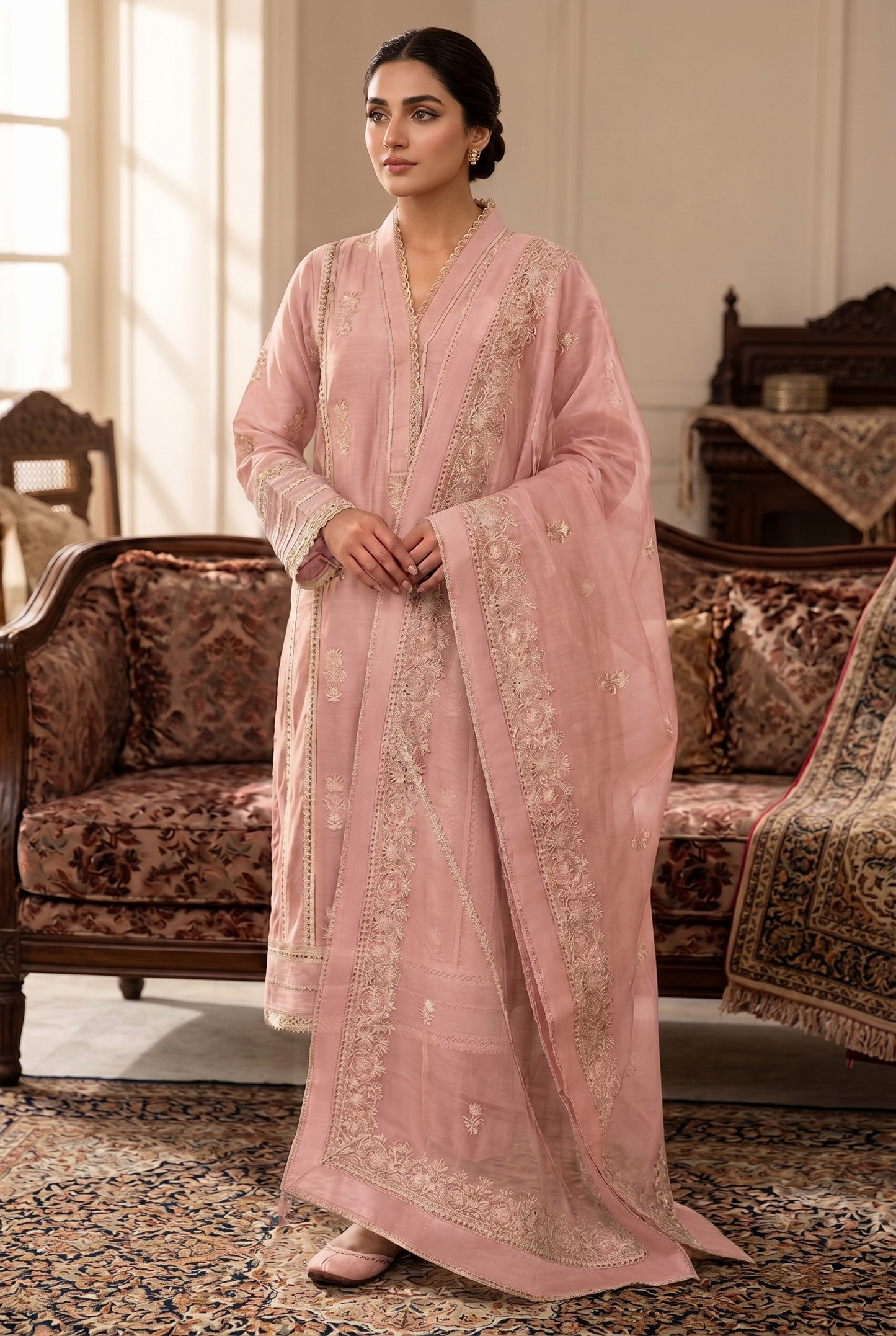 03-Piece Khaddi Net Suit With Embroidery - Ready To Wear